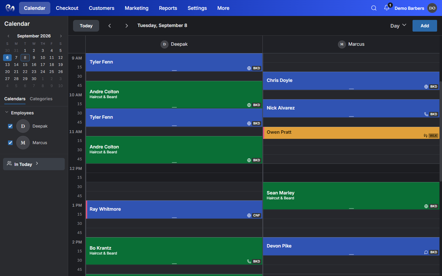 The snpz calendar: two barbers, colour-coded appointments, walk-ins in the same grid.